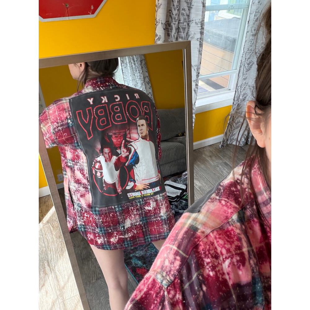 Ricky Bobby upcycled custom flannel shirt gray graphic tee on back bespoke